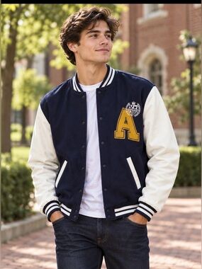 H&M Women's Varsity Jacket in Navy and Cream size medium
